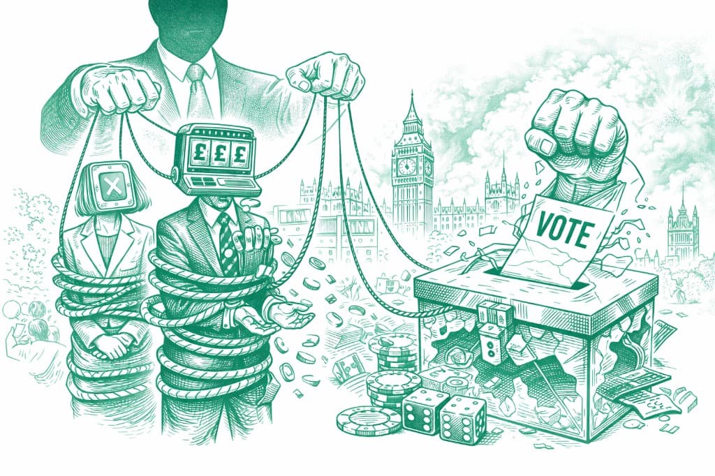 Illustration: political manipulation and democracy under pressure—puppeteer, ballot box, and London skyline